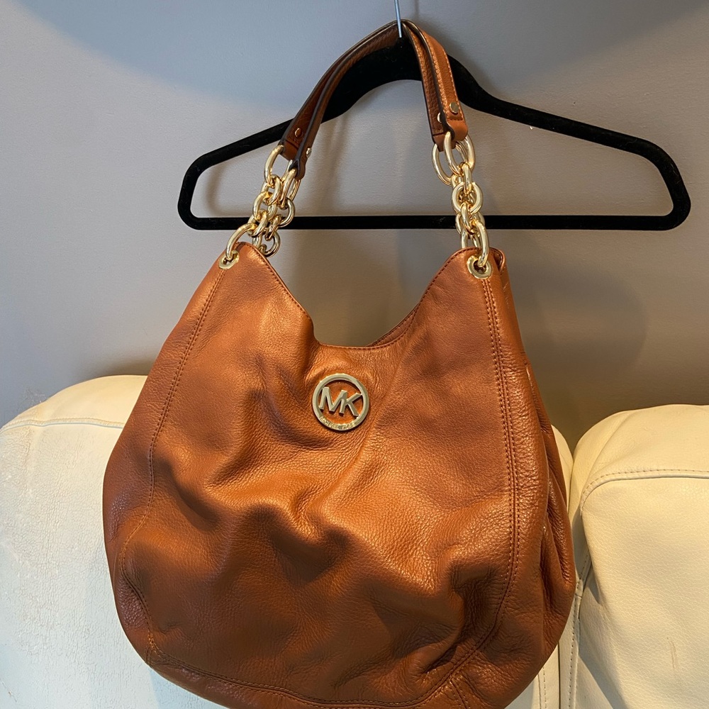 Michael Kors large big purse shoulder bag tote cognac brown